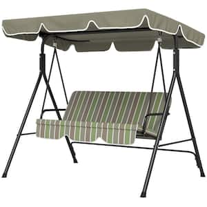 3-Person Black Metal Patio Swing with Green Removable Cushion, Steel Frame Stand and Adjustable Tilt Canopy