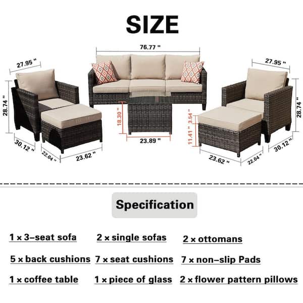 Mars Gray 6-Piece Wicker Outdoor Patio Conversation Seating Set with Beige Cushions