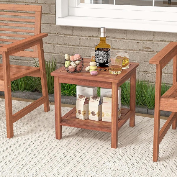 Acacia Wood Outdoor Side Table 2-Tier Square End Table Porch Poolside Natural