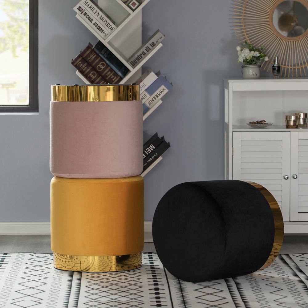 Pink Round Velvet Ottoman Stool with Gold Base, 16"