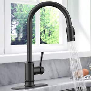 Single Handle Pull Down Sprayer Kitchen Faucet with 3 Modes & Deck Plate for 1or 3 Holes, 360° Rotation in Matte Black