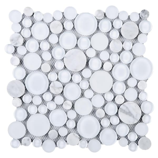 Bubble Art White 11.82 in. x 11.82 Geometric Glossy Glass Mosaic Tile Sample