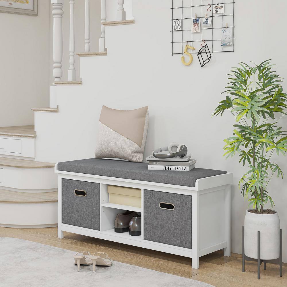 White and Gray Fabric Shoe Storage Bench with Cushion and Drawers