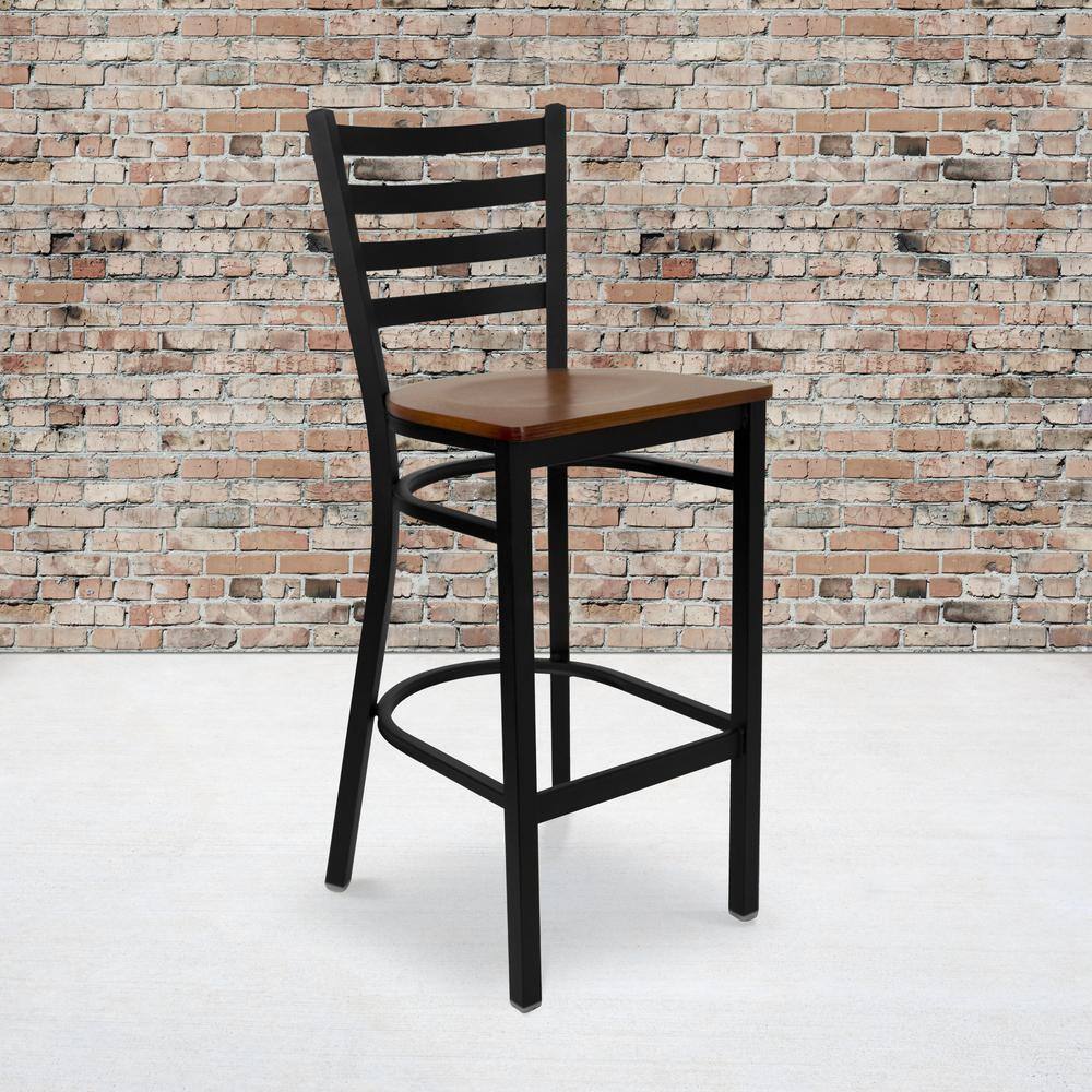 Elegant Ladder Back Black Metal Barstool with Cherry Wood Seat