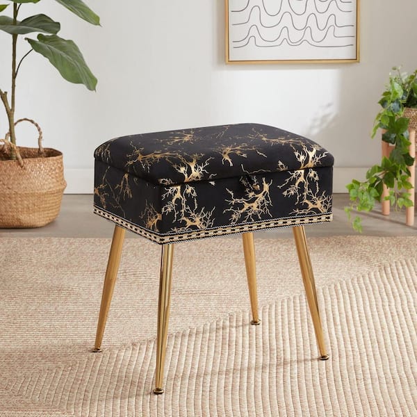 Lirago Black Velvet Storage Vanity Stool for Makeup Room and Living Room
