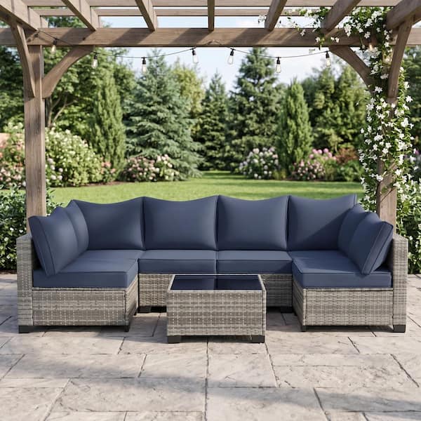 7-Piece Wicker Outdoor Sectional Set Conversation Sets with Blue Cushions for Backyard, Lawn