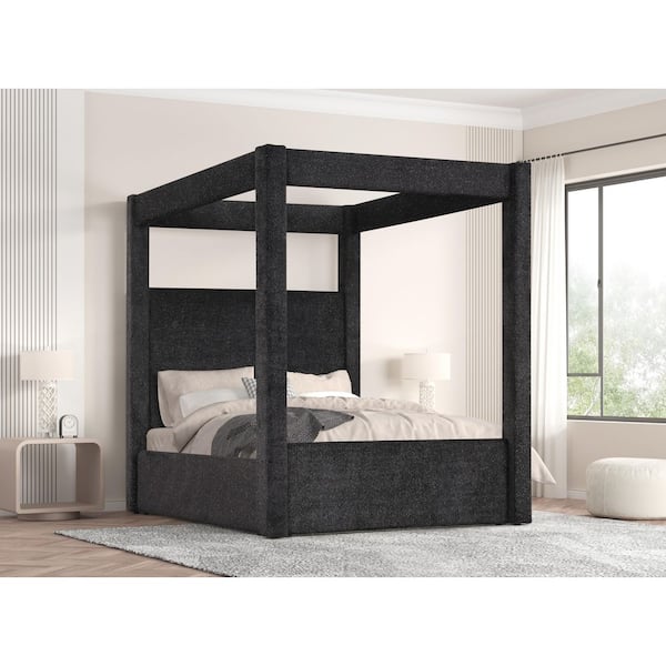 Noirla Black Wood Frame King Platform Bed with Canopy