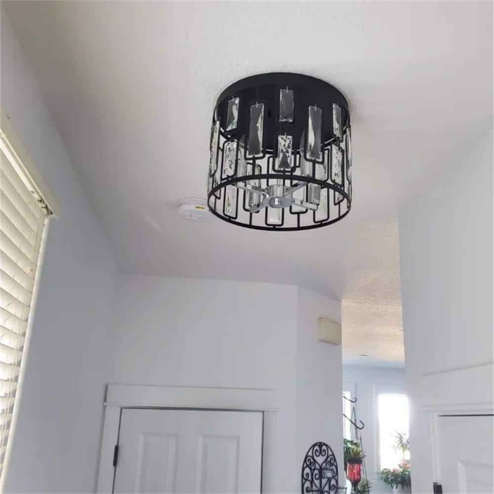 Matte Black Drum Flush Mount with Clear Crystals