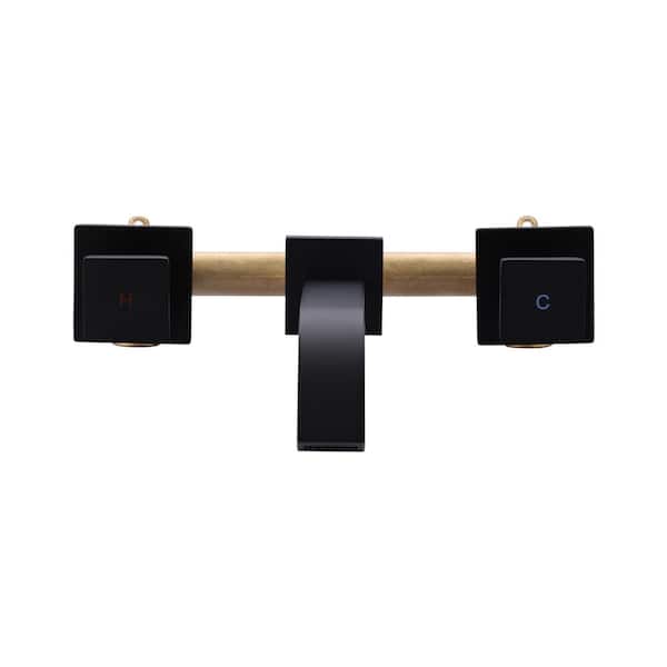 WOWOW Solid Brass Double Handle Wall Mounted Waterfall Bathroom Faucet in Matte Black