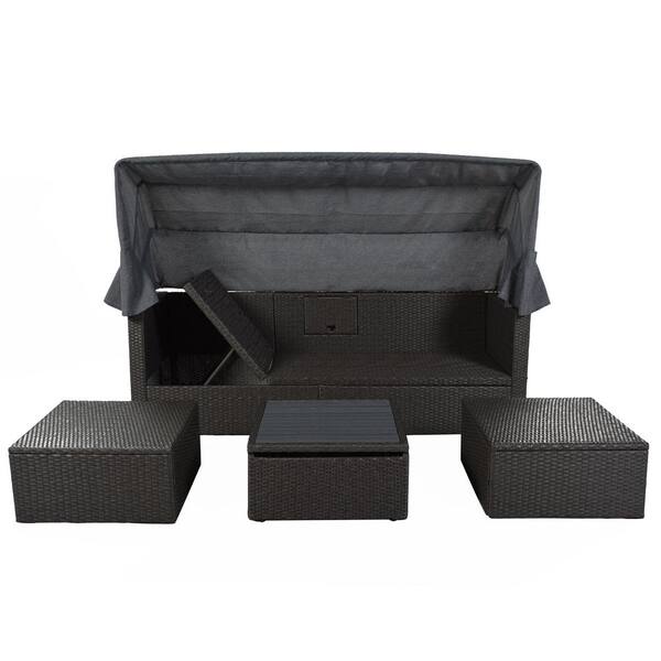 Brown Wicker Outdoor Day Bed with Beige CushionGuard Gray Cushions