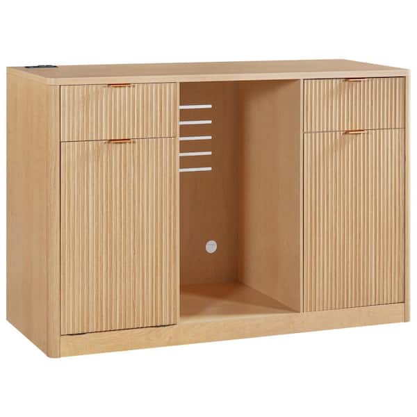 59 in. W x 21 in. D x 38.6 in. H Natural Oak Coffee Bar Cabinet with Mini Fridge Space and Tilt-Out Trash Cabinet