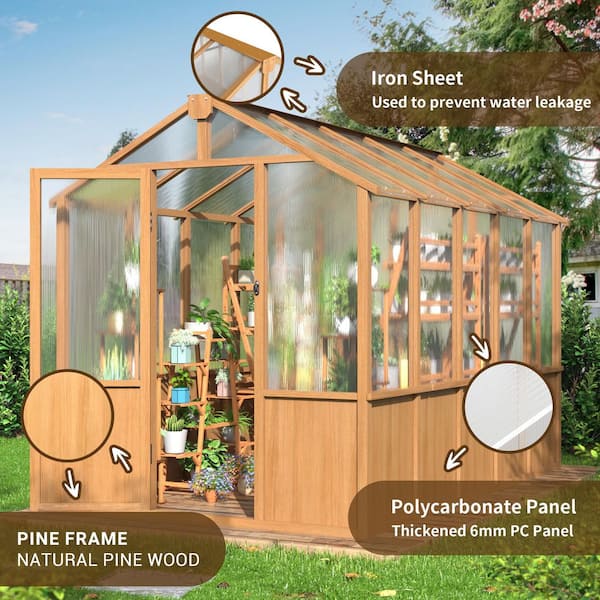 VIWAT 6 ft. W x 10 ft. D Wooden Polycarbonate Greenhouse with