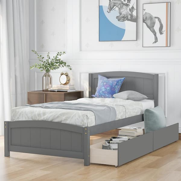 Gojane 79 50 In W Gray Twin Size Platform Bed With 2 Drawer Ajeei The Home Depot