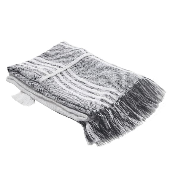 Hand Woven Woolen Blanket White Grey Striped KOCR-04 - WoolSome