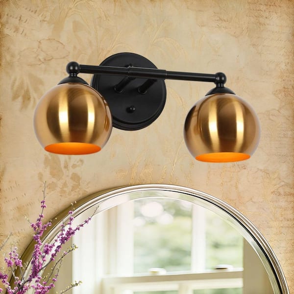 Transitional 14.5 in. 2-Light Brass-Plated Bathroom Vanity Light, Industrial Black Wall Sconce with Globe Metal Shade
