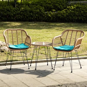 3-Piece Wicker Rattan Outdoor Bistro Set Seating Group with Cushions in Teal