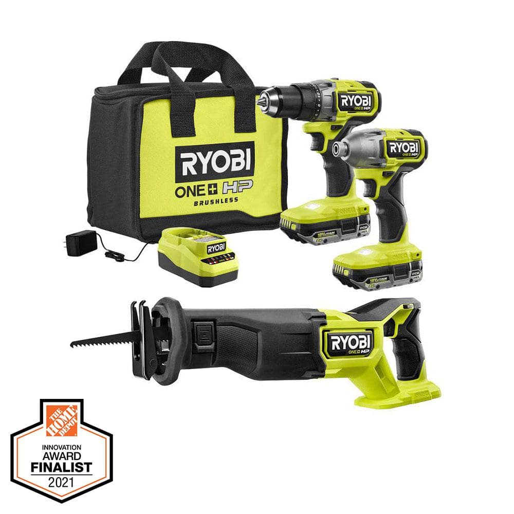 RYOBI ONE+ HP 18V Brushless Cordless 3-Tool Combo Kit w/Drill/Driver, Impact Driver, Recip Saw, Batteries, Charger, & Bag -  PBLCK01KPBLRS01