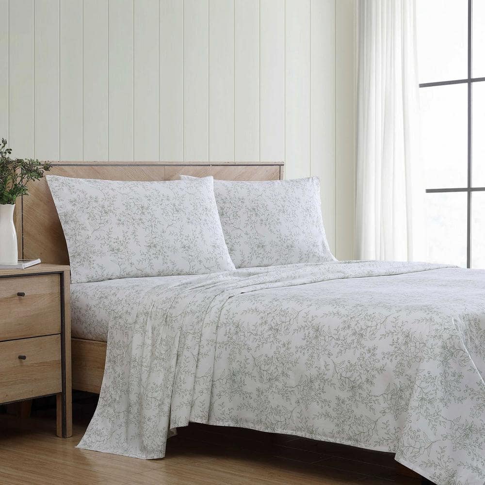 Queen White Cotton Percale Floral Deep Pocket Sheet Set