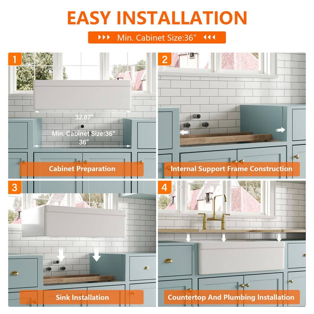 33" White Fireclay Double Bowl Farmhouse Kitchen Sink with Accessories