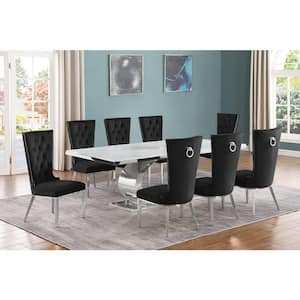 Ibraim 9-Piece Rectangle White Marble Top with Stainless Steel Base Dining Set with 8 Black Velvet Fabric Chairs