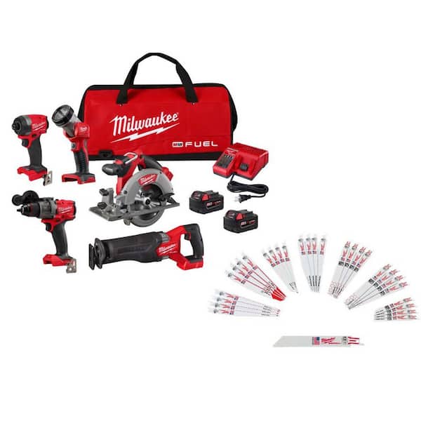 M18 FUEL 18V Lithium-Ion Cordless Combo Kit (5-Tool) w/ 2 5.0 Ah Batteries, Charger & SAWZALL Blades (37-PC)