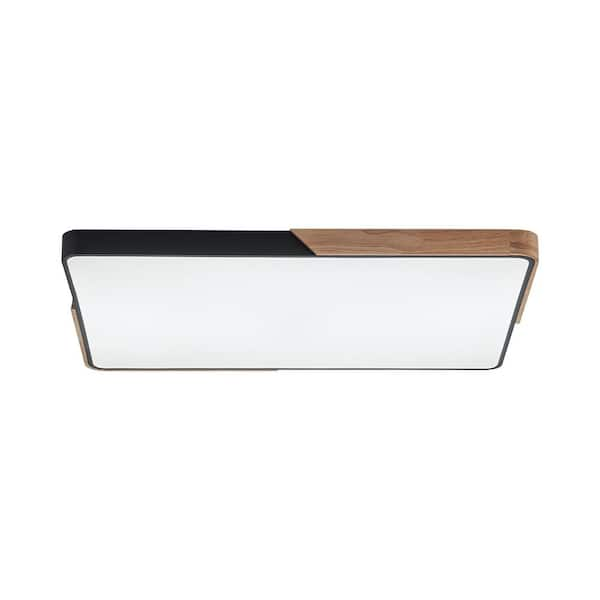 Lumin 34.7 in. 1-Light Wood and Black Finish Smart LED CCT Flush Mount with Remote Control and Oak Rectangle Shaded