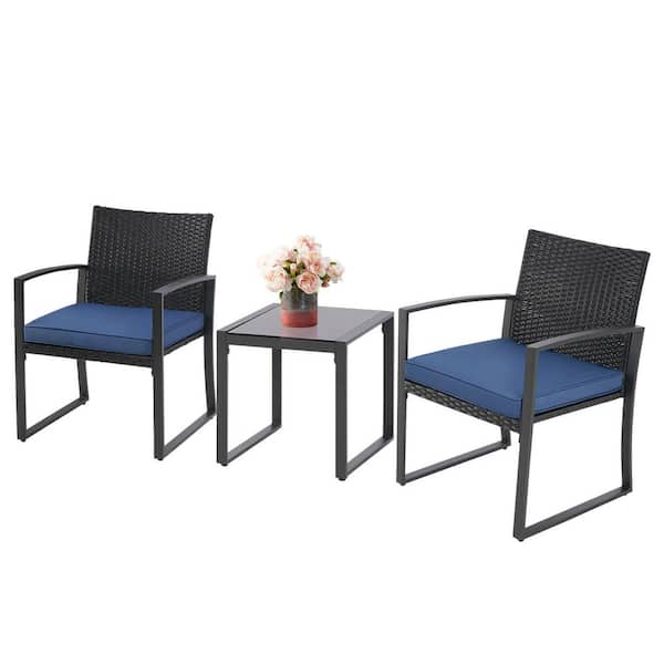 Suncrown 3-Piece Wicker Outdoor Bistro Set with Navy Blue Cushion