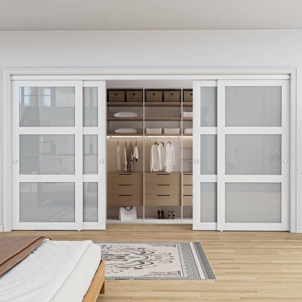 144 in. x 96 in. 3-Lites Frosted Glass Finished MDF White Closet Sliding Door with Hardware Kit