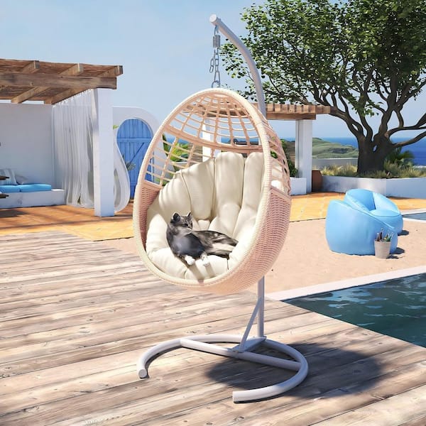TWT Home Furniture 6.5 ft. Standing Hammock Hanging Basket Chair with Beige Cushion