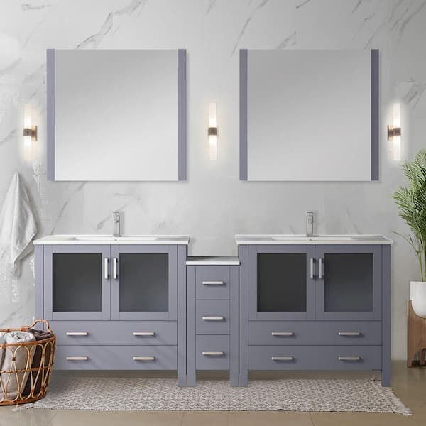 Lexora Volez 84 in. W x 18 in. D x 34 in. H Double Sink Bath Vanity in Dark Grey with White Ceramic Top and Mirror