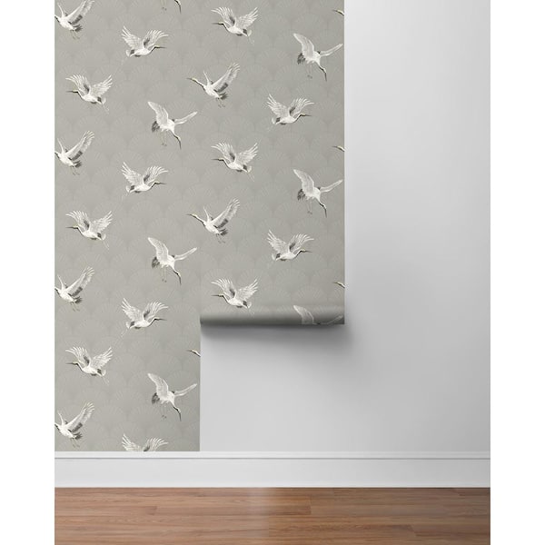 NextWall Peel & Stick Cranes Argos Grey Wallpaper | OnlineFabricStore