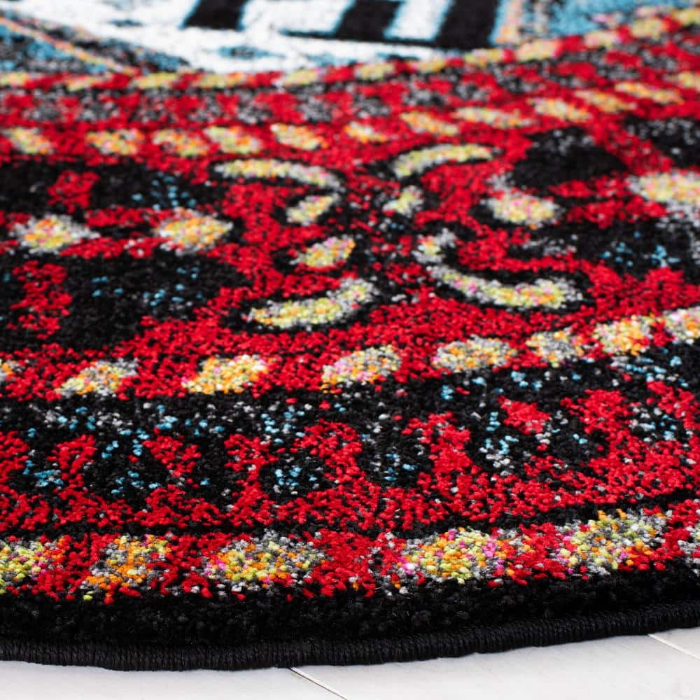 Vintage Red and Blue Round Floral Synthetic Rug