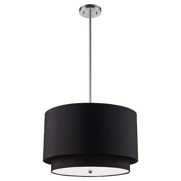 Bel Air Lighting Schiffer 18 in. 3-Light Brushed Nickel Pendant Light Fixture with Black Drum Shade