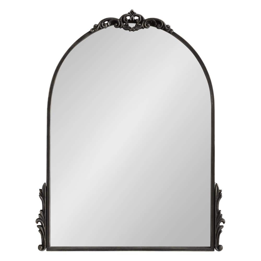 Myrcelle Antique Black Arched Wall Mirror with Ornate Garland Details