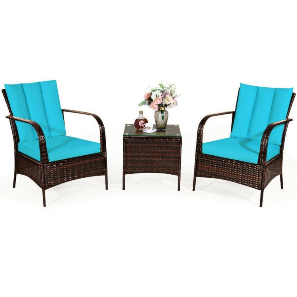 3-Piece Wicker Outdoor Patio Conversation Furniture Set Bistro Set with Turquoise Cushions price history on PriceWatchPro