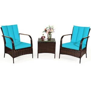 3-Piece Wicker Outdoor Patio Conversation Furniture Set Bistro Set with Turquoise Cushions