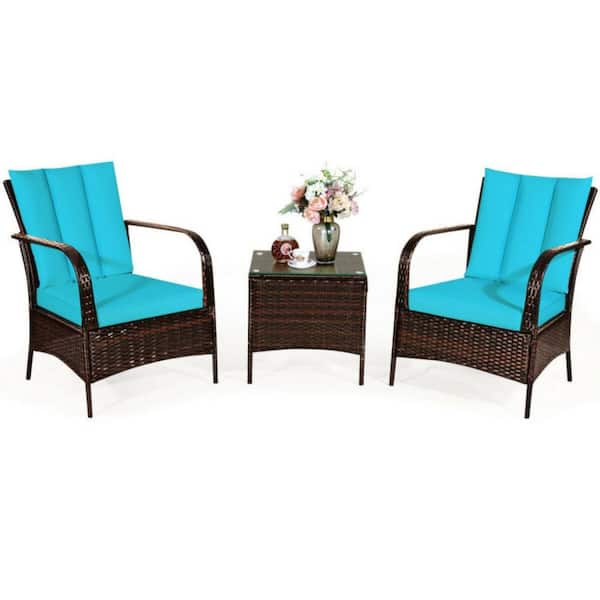 Clihome 3-Piece Wicker Outdoor Patio Conversation Furniture Set Bistro Set with Turquoise Cushions
