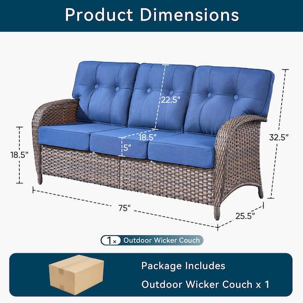 Tidalis 1-Piece Brown Wicker High Back Patio 3-Seater Sofa Outdoor Couch with 5 in. Thick Blue Cushions For Porch