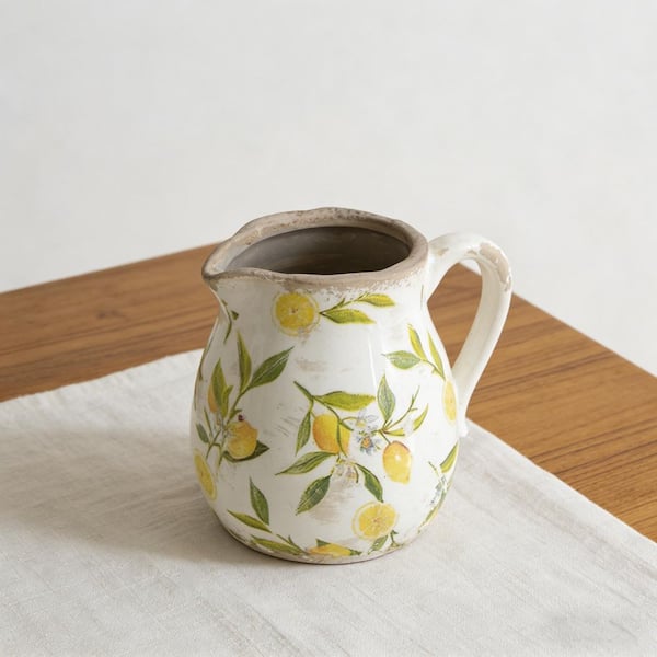 6 in. White Ceramic Pitcher Decorative Vase 1 PC with Yellow Lemon
