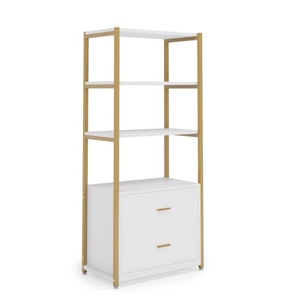 TRIBESIGNS WAY TO ORIGIN Kaduna 23.6 in. Wide White and Gold 4-Shelf Etagere Bookcase with 2-Drawers