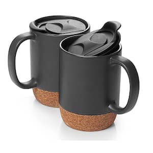 15 Oz. Large Ceramic Coffee Mug with Cork Bottom and Spill Proof Lid, Set of 2, Matte grey