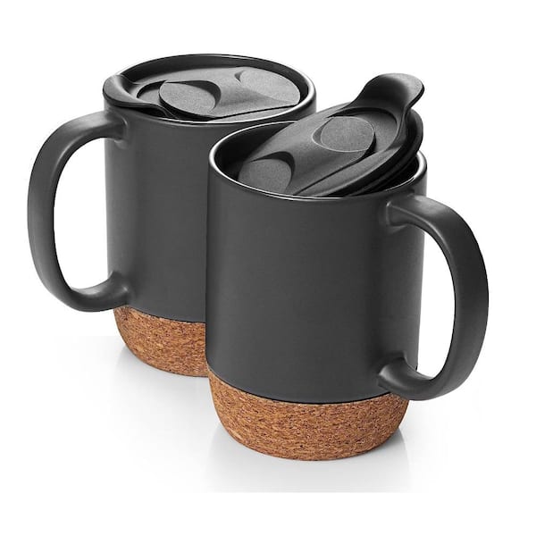 Aoibox 15 oz. Large Ceramic Coffee Mug with Cork Bottom and Spill Proof Lid, Set of 2, White