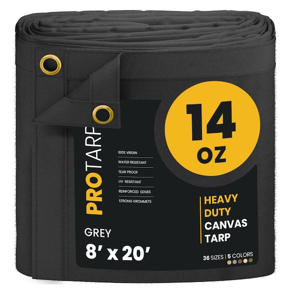 PROTARP Heavy Duty 14 oz. Water Resistant Canvas Tarp, UV Resistant Tarpaulin Cover Grey 8 ft. x 20 ft.
