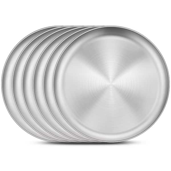 6Pcs 10.2 in. Silver Stainless Steel Dinner Plate Set, ound Camping Plates for Dessert Salad, Reusable & Unbreakable