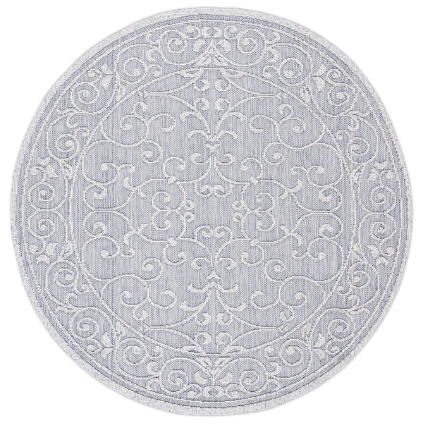 Global Blue/Gray 7 ft. x 7 ft. Ornate Border Solid Indoor/Outdoor Round Area Rug