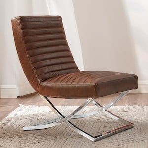 Sally Brown Top Genuine Leather Accent Side Chair with X-Crossed Metal Legs