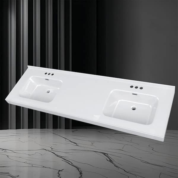 NTQ 73 in. W x 22 in. D Solid Surface White Vanity Top Rectangular Double Sink Bathroom Vanity Top in Glossy White