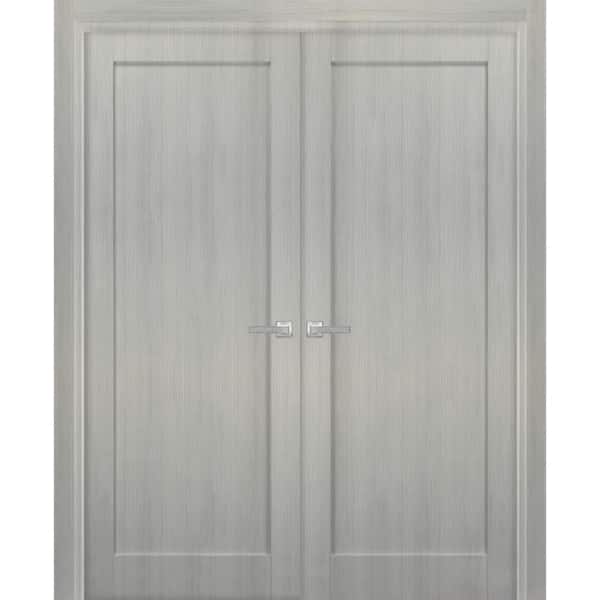 72 in. x 84 in. Single Panel Gray Finished Pine Wood Sliding Door with Hardware