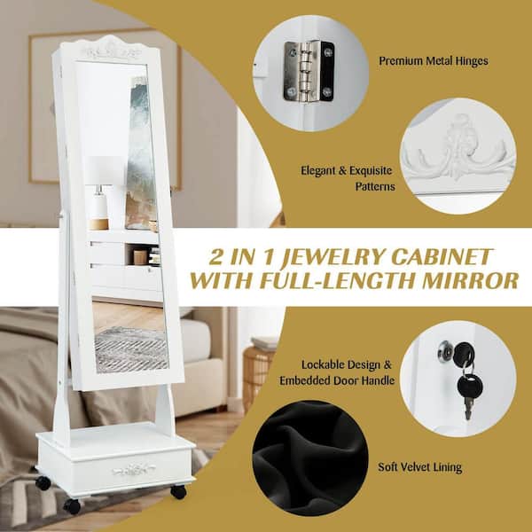 Mecale White Rolling Floor Standing Mirrored Jewelry Armoire with