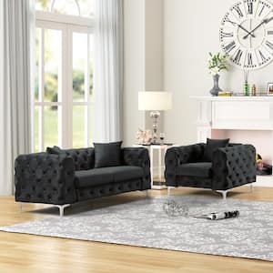 Modern Contemporary 2-Piece Accent Chair and Loveseat with Deep Button Tufting Dutch Velvet Top in Black